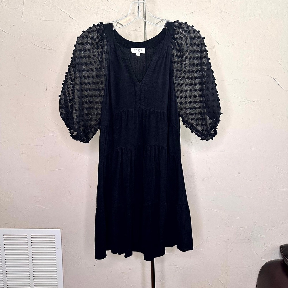 Umgee Black Swiss Dot Balloon Sleeve Tiered Mini Dress Linen Blend R0229 Small